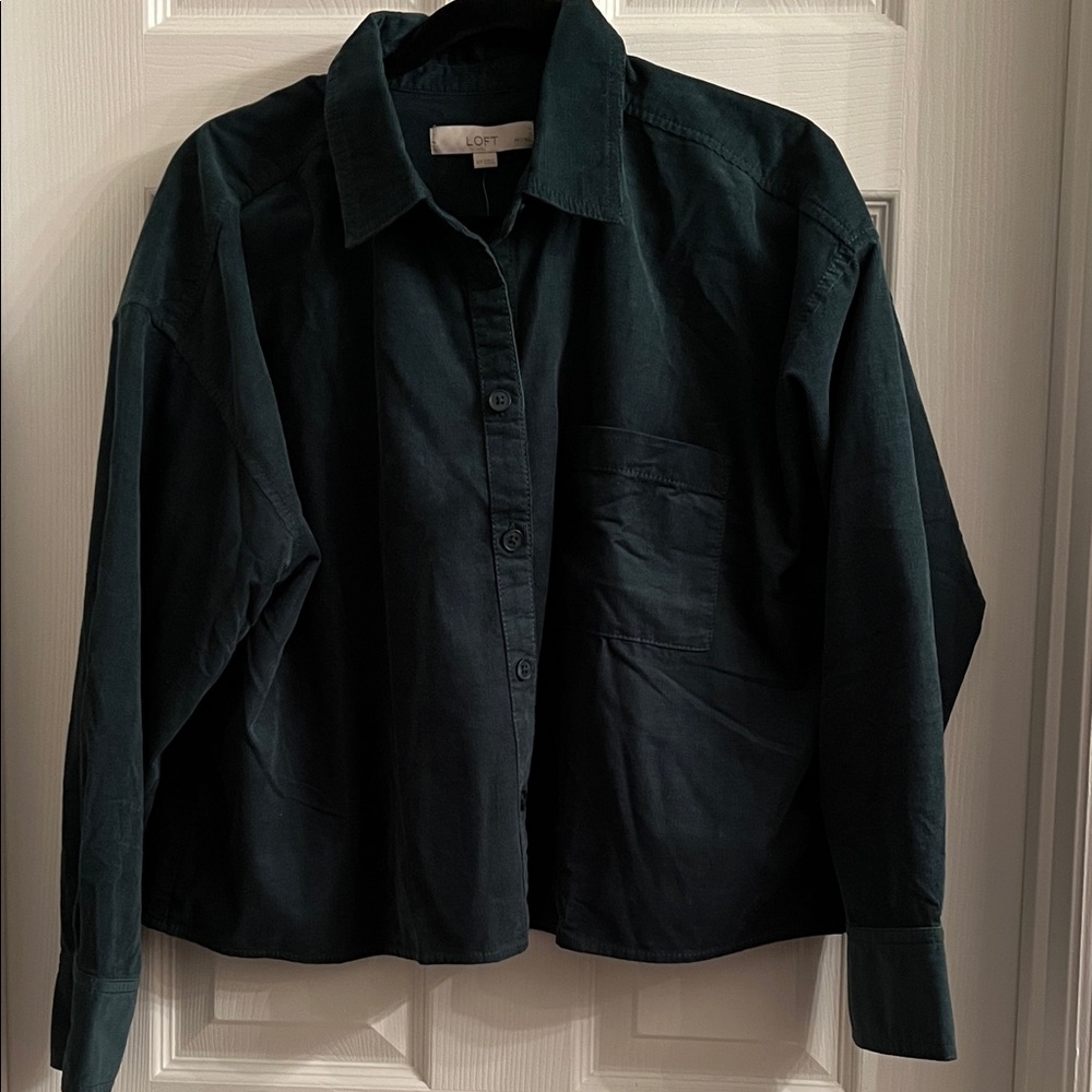 LOFT Deep Green Corduroy Collared Cropped Shirt